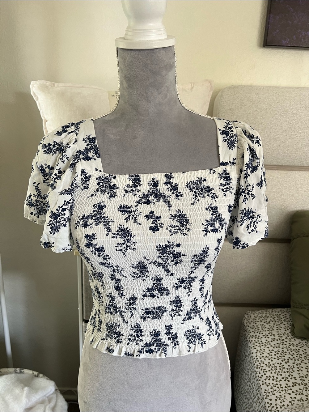 Japna White Smocked Square-Neck Top with Navy Floral Print